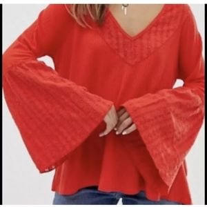 Free People Vermillion Bell Sleeve V Neck Blouse Medium Womans NWT orange red